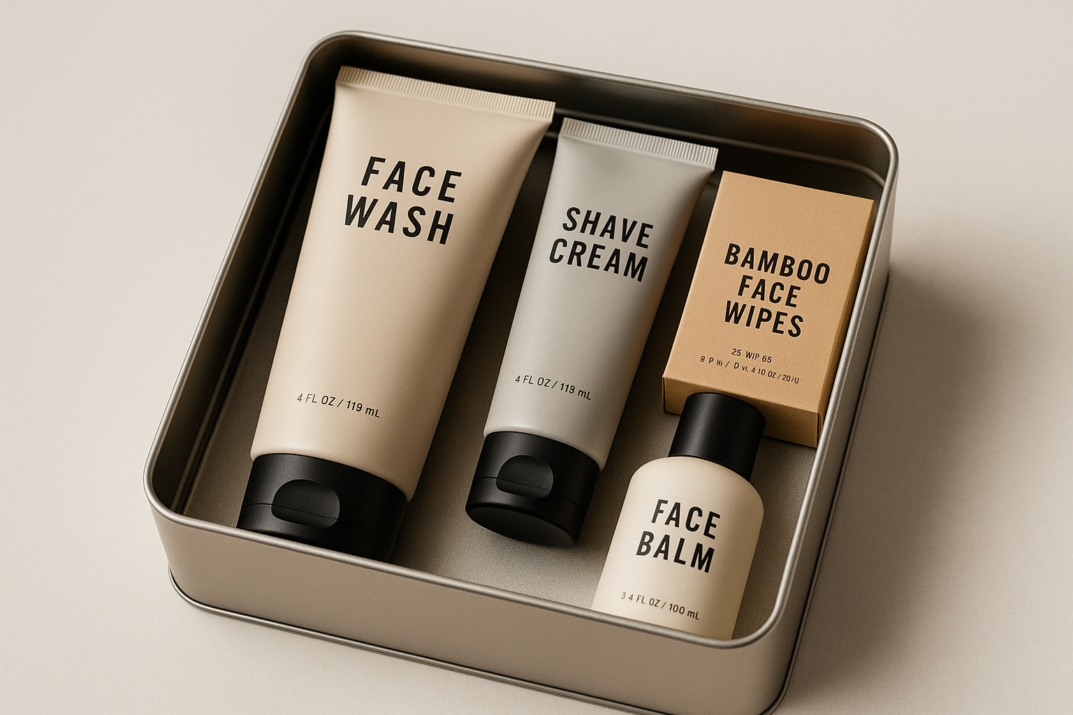 Face Wash, Shave Cream, Face Balm & bamboo Face Wipes all wrapped together in a stylish reusable tin. Neutral color tone theme