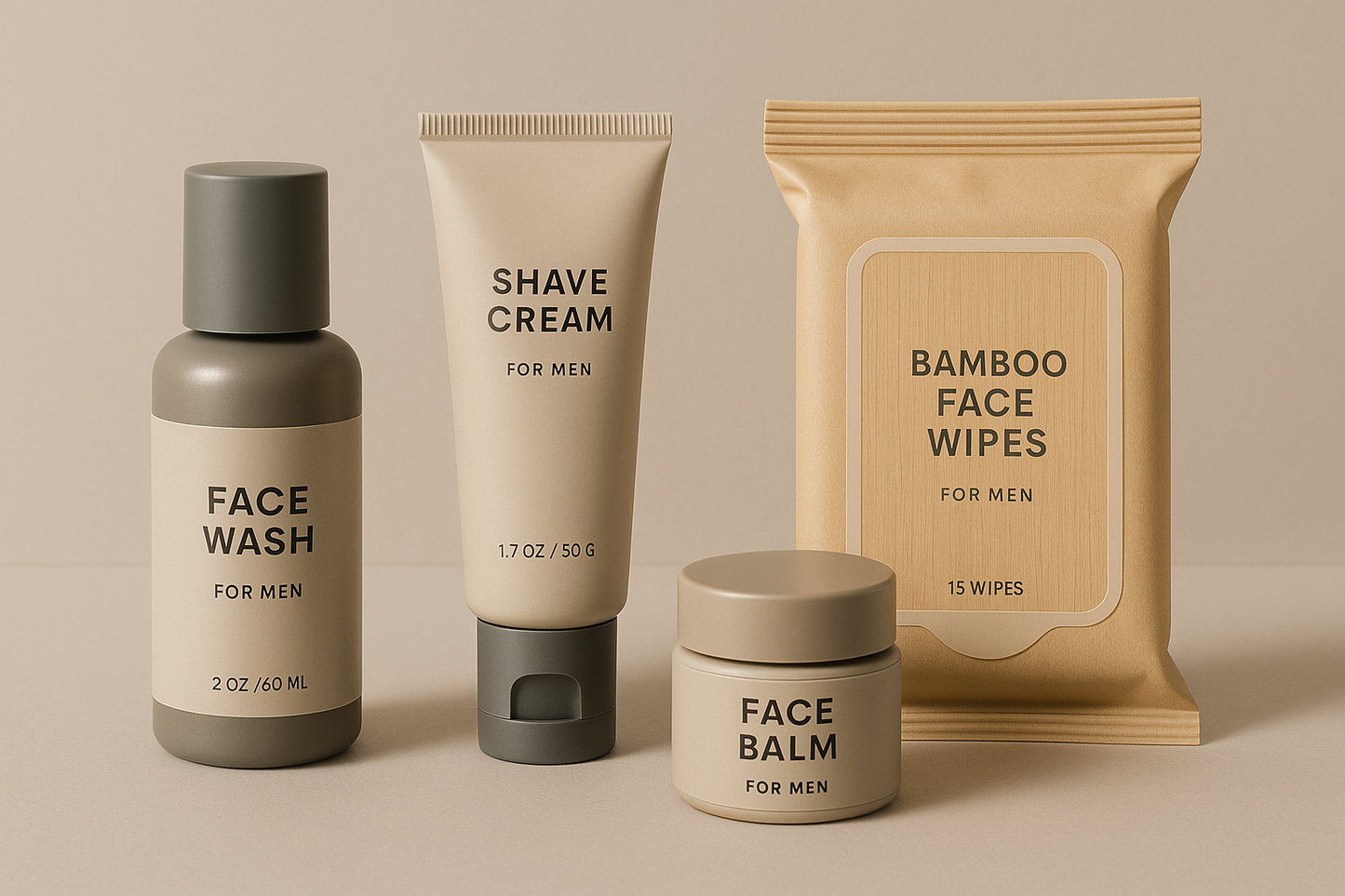 travel skin care kit consisting of Face Wash, Shave Cream, Face Balm, bamboo Face Wipes with neutral tone theme