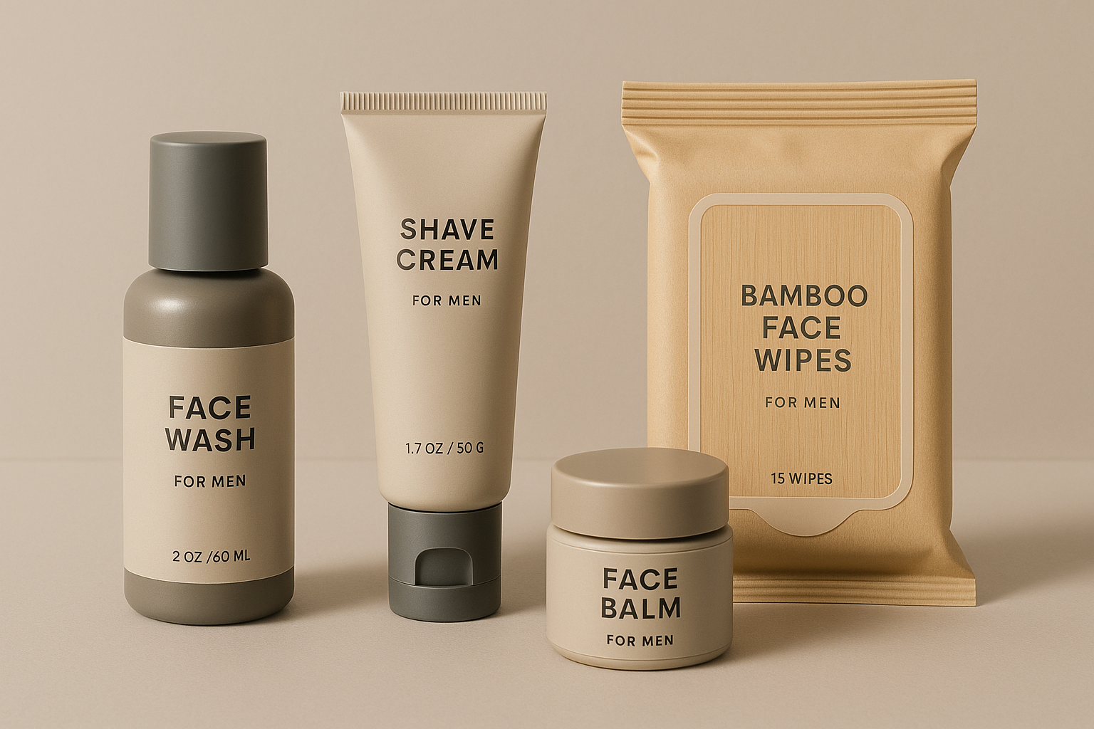 travel skin care kit consisting of Face Wash, Shave Cream, Face Balm, bamboo Face Wipes with neutral tone theme
